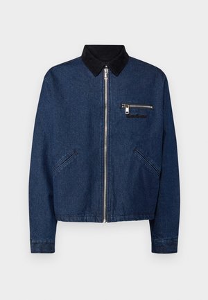 Denim jacket in dark blue with a black corduroy collar, front zip closure, chest pocket, and side pockets designed for casual wear.