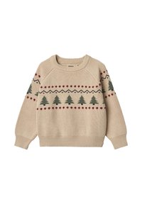 Maglione beige lavorato a maglia con motivo di alberi verdi e cuori rossi, con polsini e orlo a coste e scollo classico rotondo.