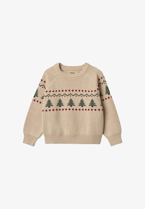 Strikket beige sweater med mønster af grønne træer og røde hjerter, med ribkanter ved ærmer og bund samt en klassisk rund halsudskæring.