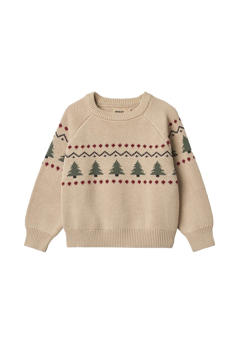 Maglione beige lavorato a maglia con motivo di alberi verdi e cuori rossi, con polsini e orlo a coste e scollo classico rotondo.