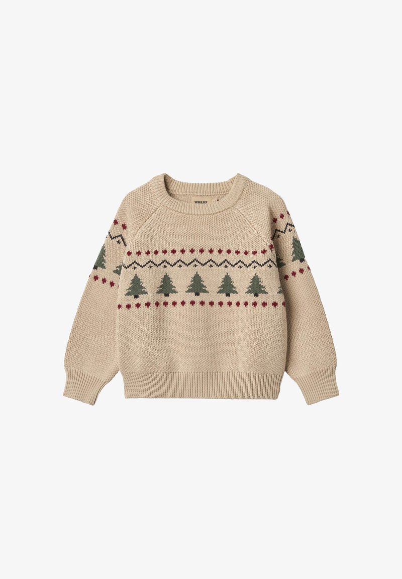 Maglione beige lavorato a maglia con motivo di alberi verdi e cuori rossi, con polsini e orlo a coste e scollo classico rotondo.