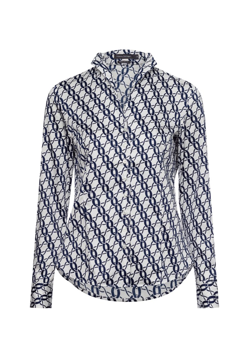 Camicia abbottonata in cotone bianco con un motivo a catena blu navy. Presenta un colletto, maniche lunghe e un orlo curvo.