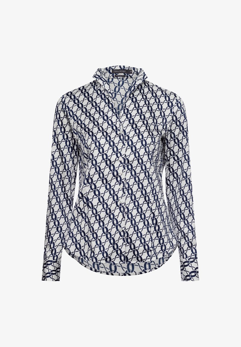 Button-up shirt in white cotton with a navy chain link pattern. Features a collar, long sleeves, and a curved hem.