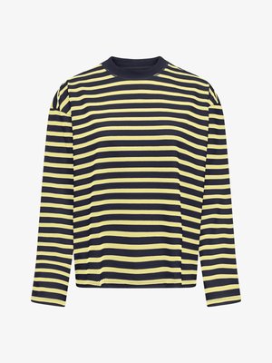 Pitkähihainen musta ja keltainen vaakaraitainen paita, jossa on pyöreä kaula-aukko ja rento istuvuus.