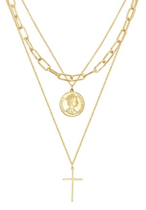 Gold-tone layered necklace featuring a flat chain link design, a round coin pendant, and a hanging cross accent.