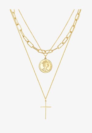 Aranyszínű, többrétegű nyaklánc lapos láncszemes dizájnnal, kerek érme medállal és lógó kereszt díszítéssel.