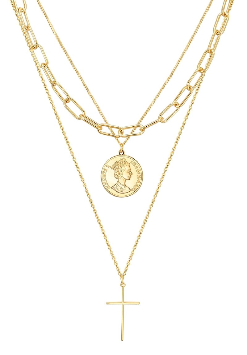 Zelta tonis slāņota kaklarota ar plakanu ķēdes mežģīņu dizainu, apaļu monētu piekariņu un pakārto krusta akcentu.
