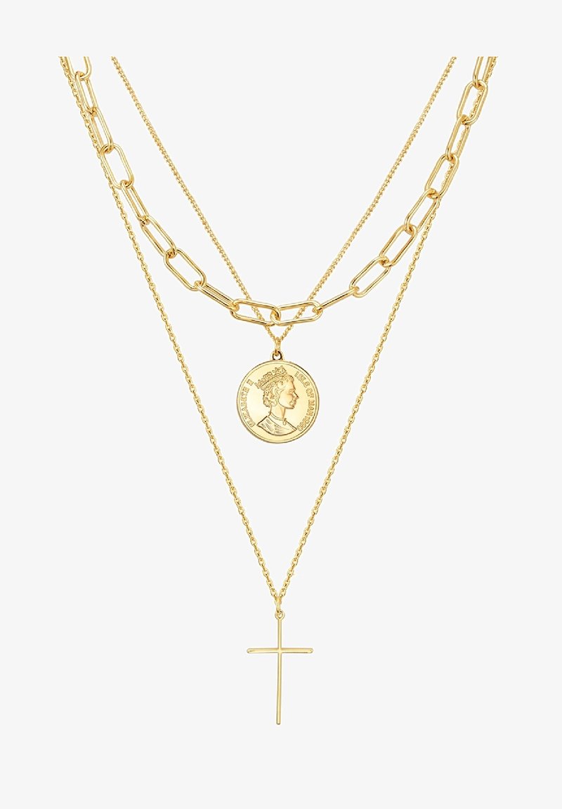 Zelta tonis slāņota kaklarota ar plakanu ķēdes mežģīņu dizainu, apaļu monētu piekariņu un pakārto krusta akcentu.