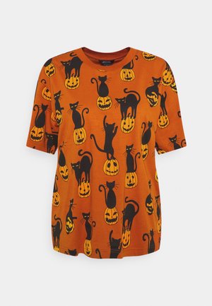 T-shirt orange avec imprimé de chats noirs et citrouilles, col rond, manches courtes, en tissu de coton doux.
