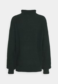 Pull à col roulé en maille épaisse noire avec manches longues et poignets côtelés, présenté sur un fond blanc.