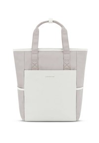 Bolso tote gris con acentos blancos, presentando asas dobles, un bolsillo frontal y un diseño estructurado. Fabricado con material duradero y resistente al agua.