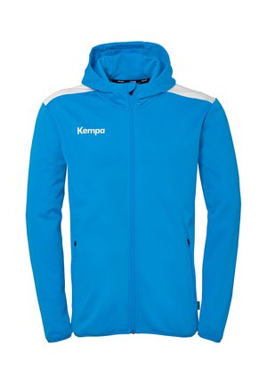 Sweat à zip bleu en tissu lisse, avec une capuche, des accents blancs sur les épaules et un logo à l'avant. Comprend deux poches latérales.