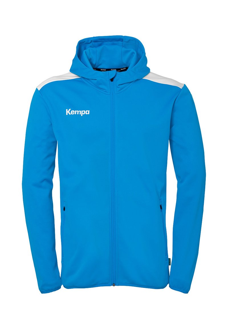 Blue zip-up hoodie made of smooth fabric, featuring a hood, white shoulder accents, and a front logo. Two side pockets included.