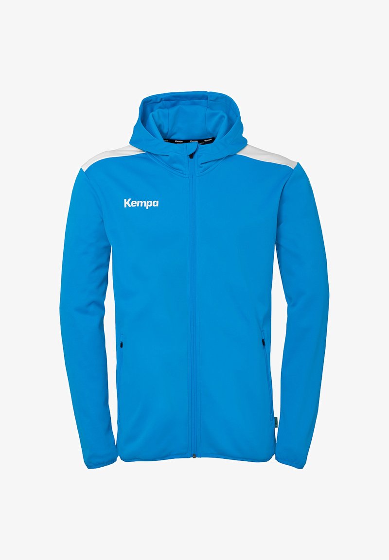 Blue zip-up hoodie made of smooth fabric, featuring a hood, white shoulder accents, and a front logo. Two side pockets included.