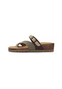 Sandalo a fascia con suola in sughero, cinturini in suede beige e verde oliva, e fibbia regolabile per una vestibilità sicura.