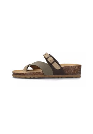 Sandalo a fascia con suola in sughero, cinturini in suede beige e verde oliva, e fibbia regolabile per una vestibilità sicura.