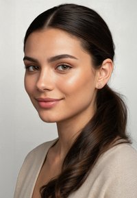 Porträtt av en kvinna med långt, mörkt hår, iförd en mjuk beige tröja. Hon har naturlig sminkning och en liten cirkulär guldörring.