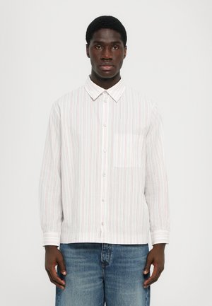 White long-sleeve shirt with red and light blue stripes, button-down collar, single chest pocket, and relaxed fit. Lightweight fabric.