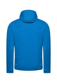 Giacca con cappuccio blu realizzata in tessuto morbido, caratterizzata da un design affusolato, maniche lunghe e una schiena senza cuciture priva di hardware visibile.