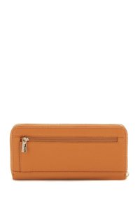 Tan leather wallet with a zip closure, featuring a exterior zip pocket, smooth texture, and rectangular design. Dimensions not specified.