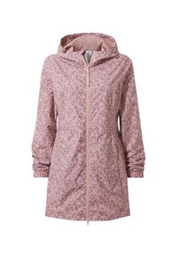 Pink patterned jacket with a zip front, adjustable hood, and elastic cuffs. Features a textured fabric and a relaxed silhouette.