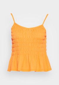 Top laranja com franzido, alças finas, parte inferior larga e tecido texturizado. Apresenta um design franzido para um formato ajustado.