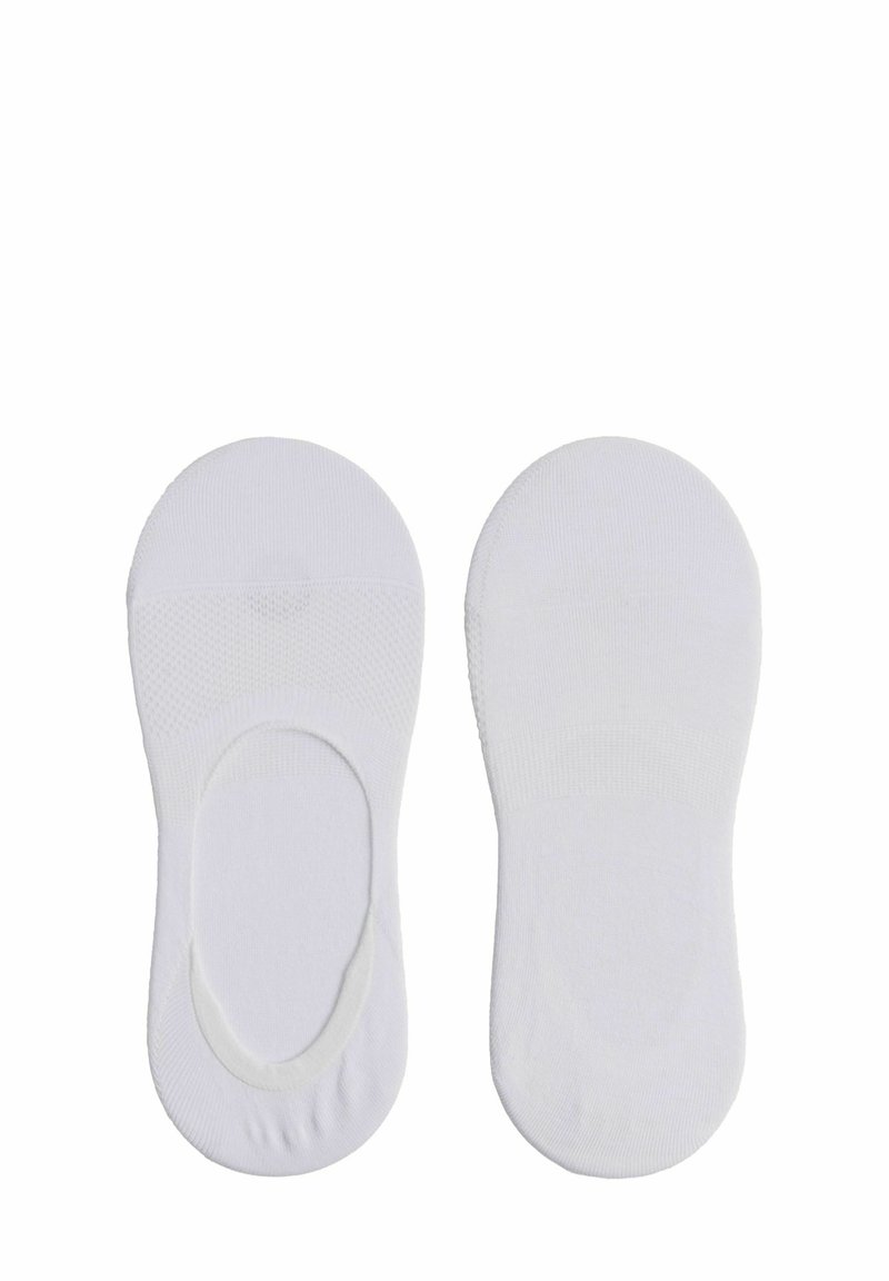 Calzini no-show bianchi in misto cotone con una consistenza liscia, forma arrotondata e aperture elasticizzate attorno alle caviglie.