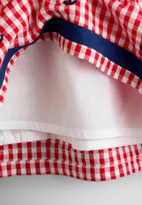 Tessuto a quadretti rosso e bianco con dettagli ricamati in blu, mostrando un orlo e una fodera interna bianca con cuciture.