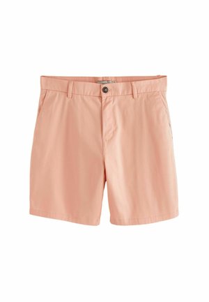 Pantalones cortos para hombre de color rosa claro con cierre de botón, trabillas para cinturón y bolsillos laterales sobre un fondo blanco.