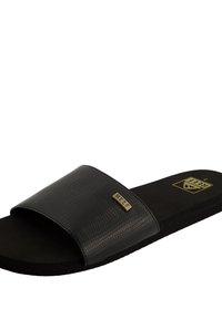 Zwarte schuifsandaal met een gestructureerde synthetische bovenkant, een brede band en een gevoerd zwart voetbed. Voorzien van een gouden "REEF" logo.