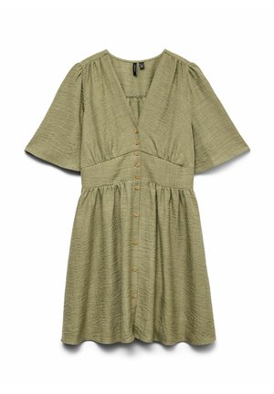 Krátké rukávy, áčková sukně ve světle olivově zelené barvě, s výstřihem do V, zapínáním na knoflíky a strukturovanou tkaninou se skládacími pasem.