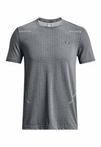 T-shirt sportivo grigio con motivo a griglia, colletto rotondo, maniche corte e un piccolo logo sul petto. Realizzato in tessuto traspirante.