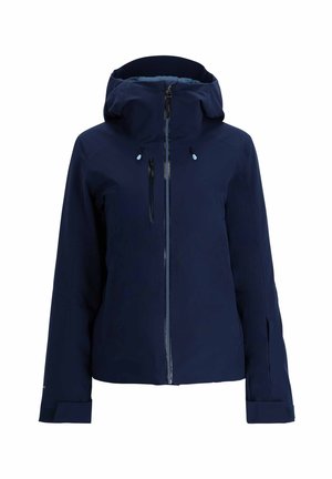 Navy waterproof jacket with a zipped front, adjustable hood, contrasting inner lining, and sealed seams. Features hand pockets and cuff adjusters.