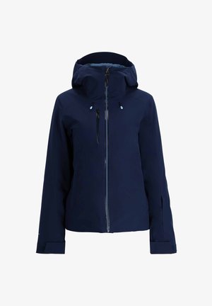 Marineblaue wasserfeste Jacke mit durchgehendem Reißverschluss, verstellbarem Kapuze, kontrastierenden Innenfutter und versiegelten Nähten. Verfügt über Handtaschen und verstellbare Bündchen.