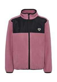 Fleecejacka med en rosa kropp och svart övre panel, passande krage, framzipper och en liten logotypdetalj på bröstet.