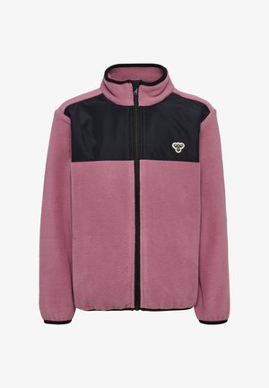 Fleecejacke mit pinkem Körper und schwarzem oberen Bereich, tailliertem Kragen, Vorderreißverschluss und kleinem Logodetail auf der Brust.