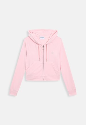 Cropped pink zip-up hoodie made of soft fabric, featuring a drawstring hood, two front pockets, and a small embroidered logo.