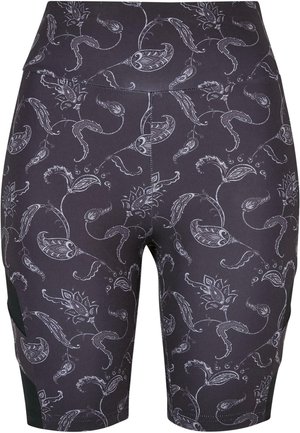 Mustad hallid paisley-mustriga lühikesed püksid, valmistatud venivast kangast. Omavad kõrget vööd ja kontrastseid külgpaneele.