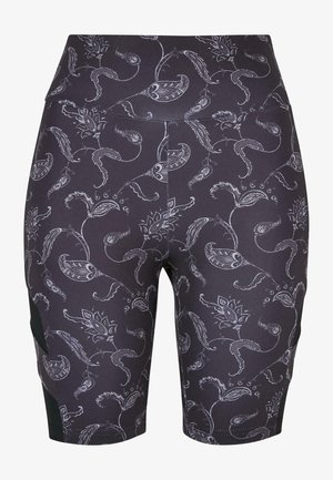 Mustad hallid paisley-mustriga lühikesed püksid, valmistatud venivast kangast. Omavad kõrget vööd ja kontrastseid külgpaneele.