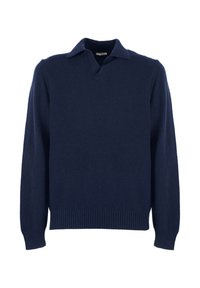 Granatowy sweter z miękkiego dzianiny, posiada dekolt w kształcie litery V i ściągacz na dole. Długie rękawy o luźnym kroju.