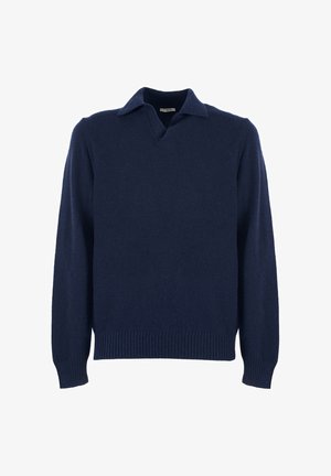 Maglione blu navy in un morbido materiale a maglia, con colletto a V e bordo a costine. Maniche lunghe con una vestibilità rilassata.