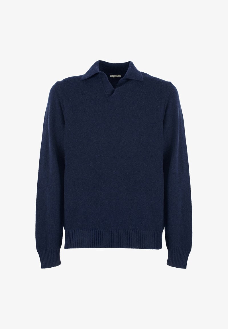 Granatowy sweter z miękkiego dzianiny, posiada dekolt w kształcie litery V i ściągacz na dole. Długie rękawy o luźnym kroju.