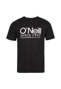 Camiseta de algodón negra con un estampado blanco que dice "O'Neill SANTA CRUZ CALIFORNIA U.S.A." en el frente. Cuello redondo estándar y mangas cortas.