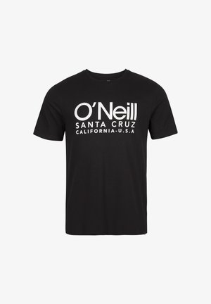 Black cotton t-shirt featuring a white print of "O'Neill SANTA CRUZ CALIFORNIA U.S.A." on the front. Standard crew neck and short sleeves.