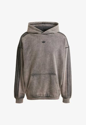 Pullover hoodie in washed gray fabric with a kangaroo pocket, ribbed cuffs, and black three-stripe accents on sleeves. Black logo on chest.