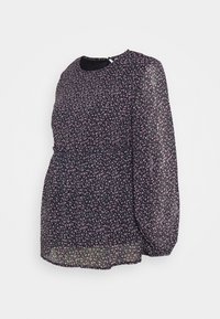 Blusa blu navy con maniche lunghe, caratterizzata da un motivo floreale in rosa e bianco. Realizzata in materiale leggero con vita arricciata e scollatura rotonda.