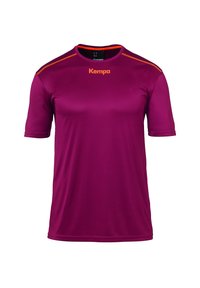 Paarse sportshirt met korte mouwen van gladde stof, met oranje accenten en het "Kempa" logo op de voorkant en schouders.