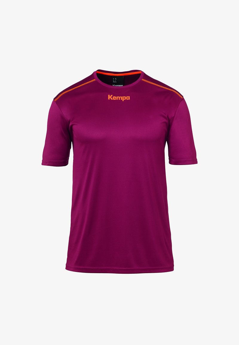 Paarse sportshirt met korte mouwen van gladde stof, met oranje accenten en het "Kempa" logo op de voorkant en schouders.