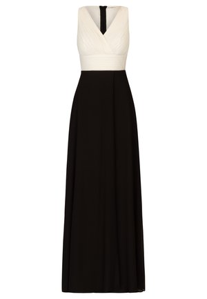 Długa sukienka z białym plisowanym gorsetem i jednolitą czarną spódnicą. Krój w kształcie litery V z czarnym zamkiem z tyłu. Gładki materiał.