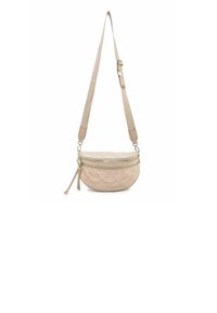 Borsa a tracolla trapuntata beige con forma curva, due scomparti con cerniera e tracolla rimovibile. Realizzata in materiale sintetico liscio.